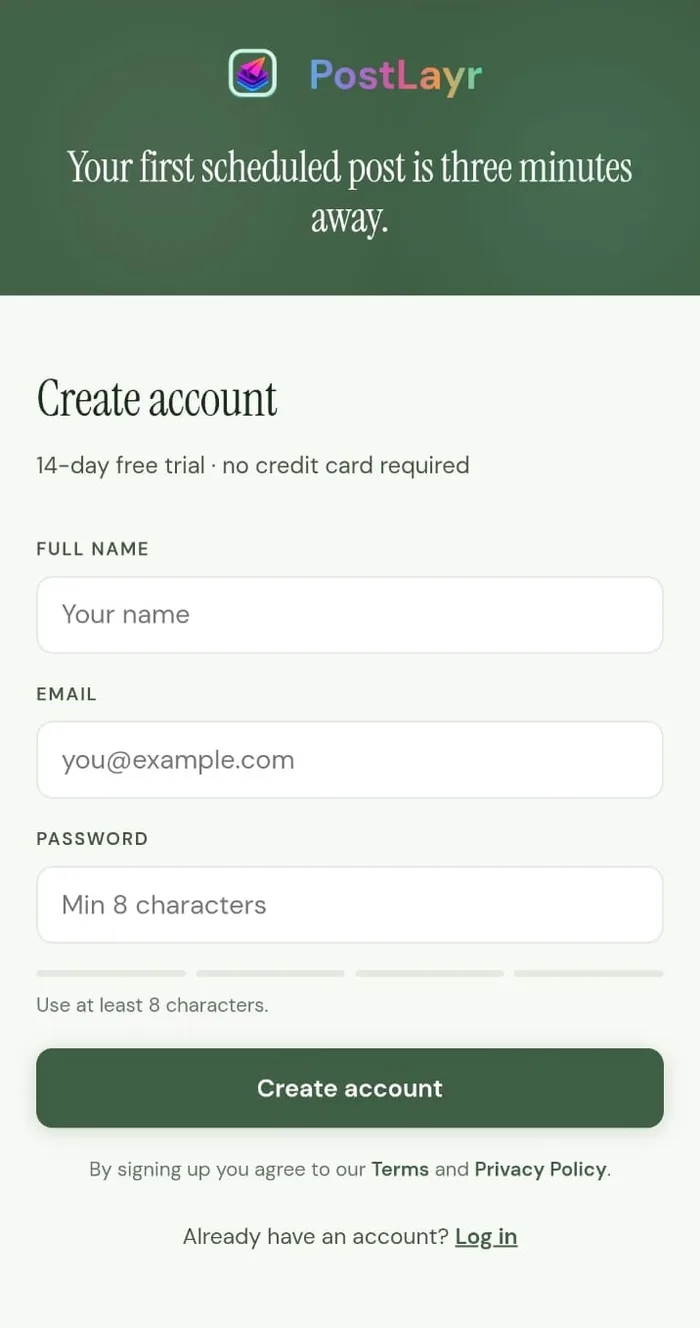 PostLayr signup page on mobile