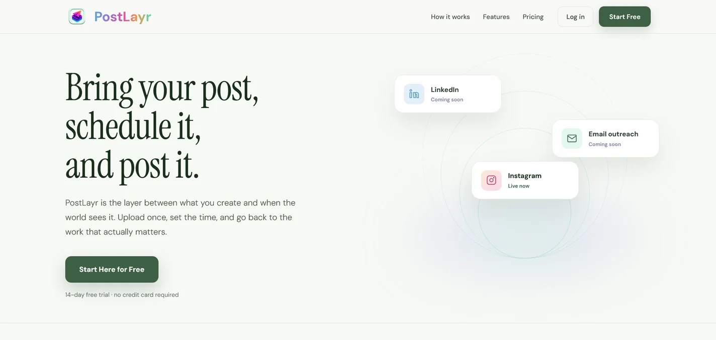 PostLayr landing page hero on desktop