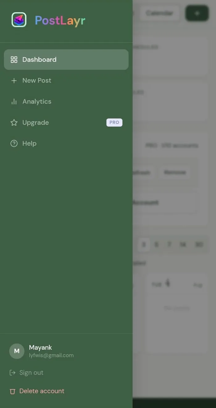 PostLayr dashboard menu on mobile