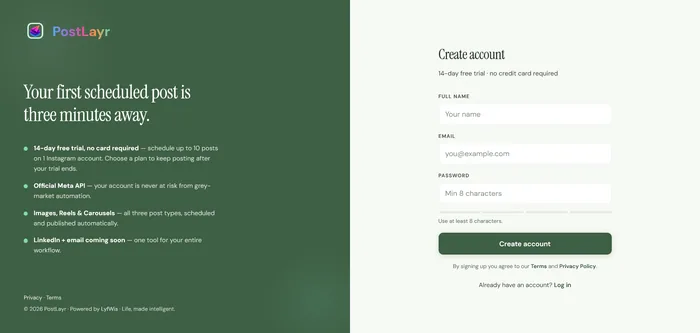 PostLayr signup page on desktop