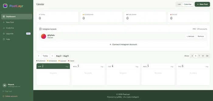 PostLayr dashboard calender view on desktop