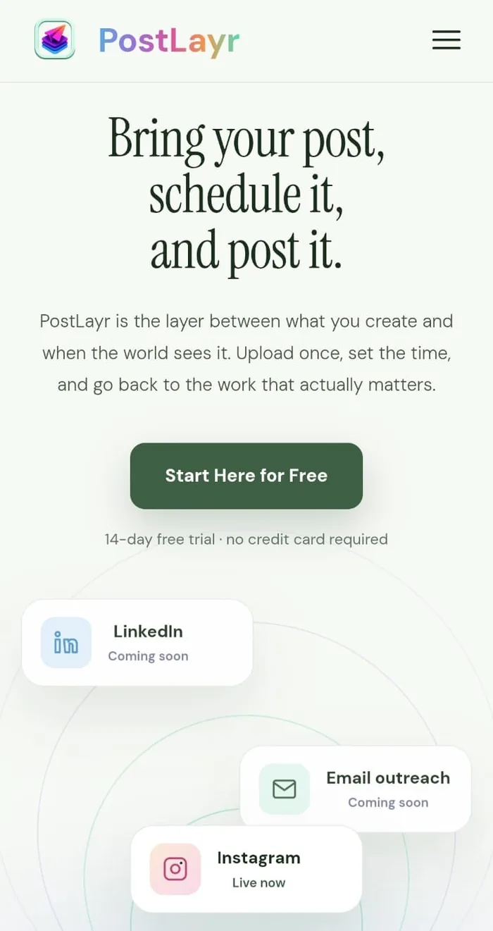 PostLayr landing page on mobile