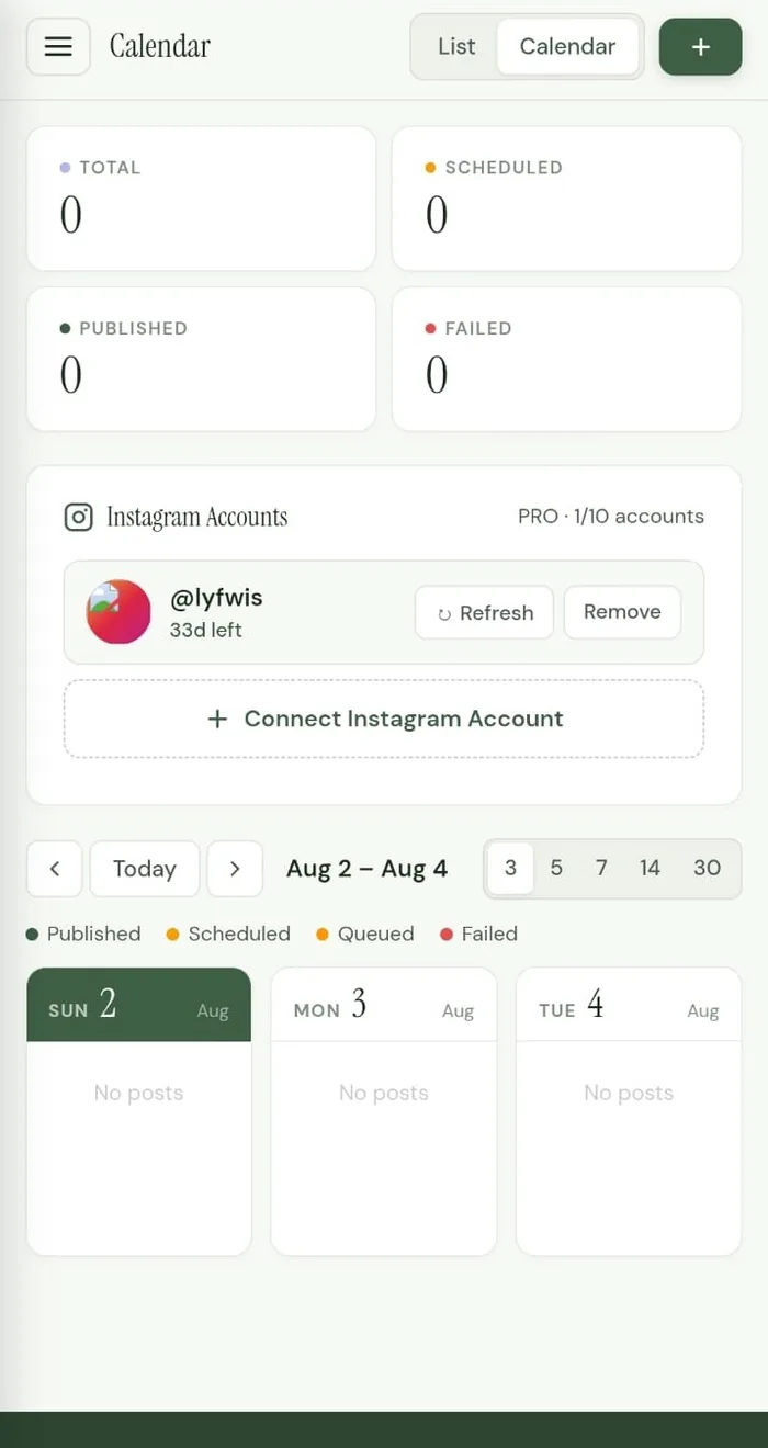PostLayr dashboard page on mobile