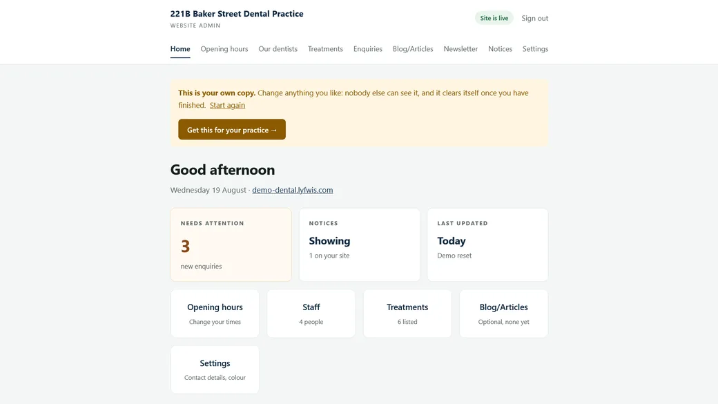 A clinic website platform with an admin panel reception can use
