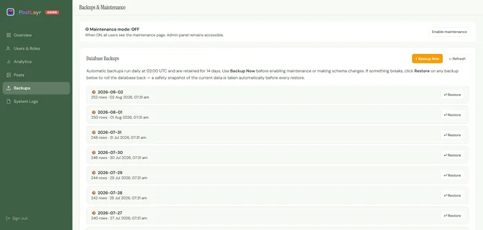 PostLayr maintenance and backup on desktop