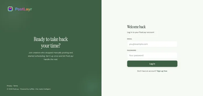 PostLayr login page on desktop